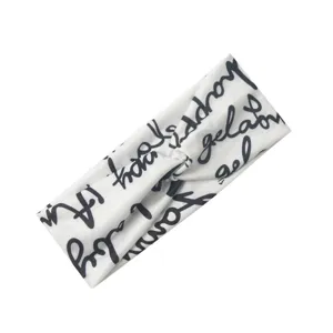 Weißes Yoga Sport Stirnband mit schwarzem Schreibschrift Druck, elastisches Baumwollhaarband.
