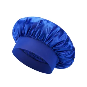 Royal blue satin hair bonnet close-up, smooth fabric texture detail, comfortable wide elastic band.