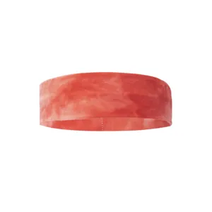Red tie dye sports headband detail, elastic cotton hair band for yoga and fitness workout.