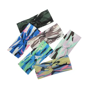 Multi-color camo print twisted knotted sports headband set, stretchy breathable yoga hair band.