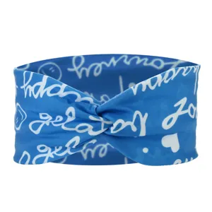 Blaues elastisches Baumwoll-Haarband mit weißem Schriftzug, bequemes Yoga Stirnband.