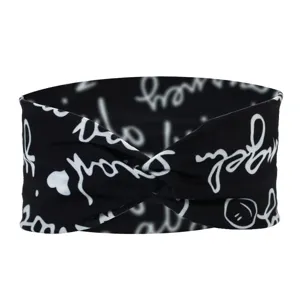 Schwarzes Baumwoll-Twist-Ststirnband mit weissen Graffiti-Buchstaben, Yoga-Haarband-Detail