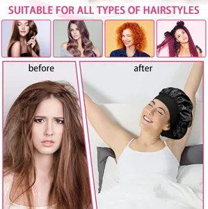 Satin sleep cap for curly hair hair care adjustable wide band night bonnet black color