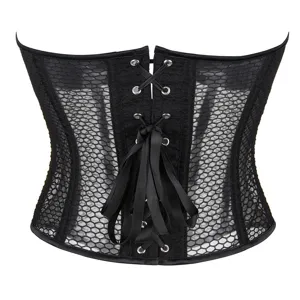 Schwarzes Mesh-Korsett Top Detail, atmungsaktives Wabengewebe mit verstellbarer Schnürung hinten.