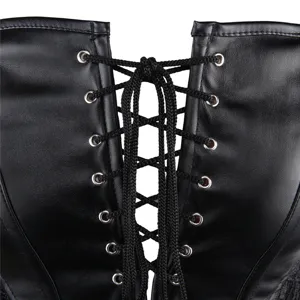 Detailed close-up view of black faux leather corset showcasing metal eyelets and lacing.