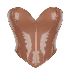 Brown patent leather strapless corset top detail, sexy sweetheart neckline design.