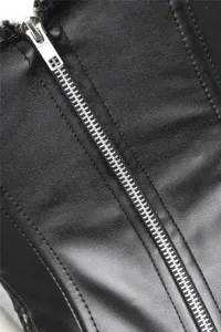 Black faux leather corset zipper detail, premium texture and durable metal hardware.