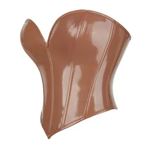 Brown patent leather corset top for women, sexy sweetheart neckline bustier shaping wear.