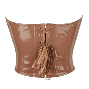 Brown patent leather women corset back lace up bustier shapewear sexy body shaper top