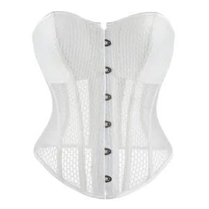 Weißes Mesh-Korsett-Oberteil Detail, atmungsaktives Bustier mit vorderen Metallverschlüssen.