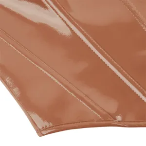 Close-up view of shiny patent leather corset detail, showing fine stitching and boning.