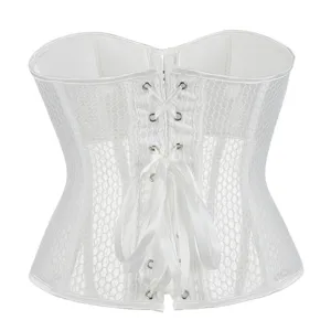 Weißes Mesh Korsett Oberteil atmungsaktiver Sommer Bustier Schnürung Detailansicht Mode neu