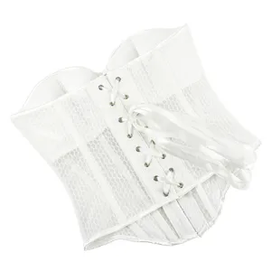 Weißes Mesh Korsett Top mit integrierten Cups und Schnürung aus Satinbändern.