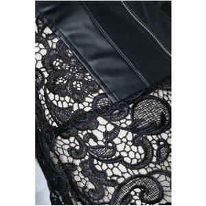 Detailed shot of black lace and faux leather corset showing fine texture and metal zipper.