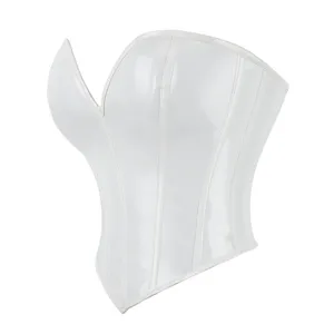 White glossy faux leather strapless bustier corset top with boning design for women's fashion.