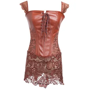 Brown faux leather lace corset top, elegant lace straps and front lace-up design.