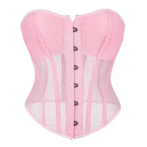 Rosa Mesh Korsett Top Detail, atmungsaktive Sommer Bustier mit Cups und Hakenverschluss.