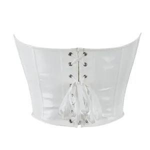 White glossy faux leather lace-up corset top, sexy strapless back-tie bustier shapewear.