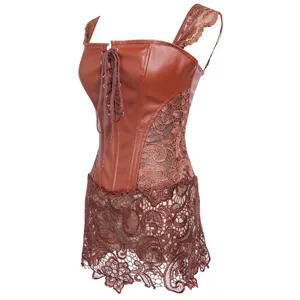 Brown PU leather corset dress with lace panels, cutout details, and front lace-up camisole.