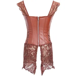 Back detail of brown faux leather corset with delicate lace straps and split hem.