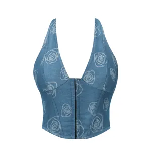 Damen Retro Blaues Denim Rosenblumen Druck Korsett Bustier Halter Tief ausgeschnitten Vintage Top