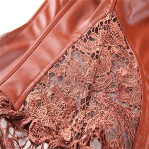 Red PU leather and lace corset detail shot showcasing exquisite hollow embroidery craftsmanship.
