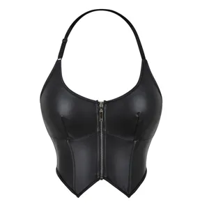 Women PU Leather Halter Zip Slim Tube Top Sexy Body Shaping Corset Top Elegant Party Clubwear Outerwear