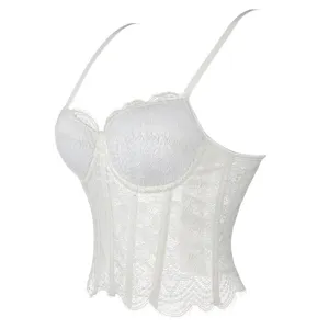 Top corsé de encaje blanco para mujer, bustier sexy con aros y tirantes finos para un estilo elegante.