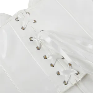 White faux leather corset detail with metal eyelets and satin ribbon lacing for women.