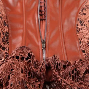 Close-up detail of women's brown faux leather corset featuring metal zipper and lace trim.