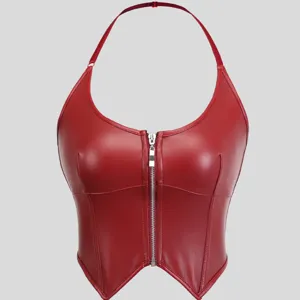 Red Faux Leather Halter Top Front Zipper Slim Sexy Corset Women Streetwear Clubwear