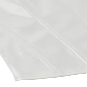 Close-up view of white glossy corset detail, showing fine stitching and boning structure clearly.