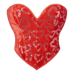 Rode pailletten bustier korset top strapless hartvormige halslijn sprankelende feestkleding.