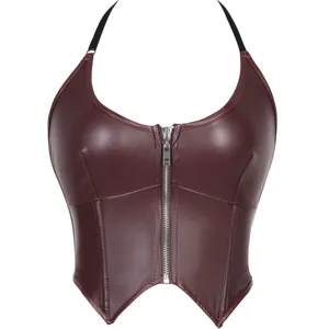 Sexy burgundy faux leather halter crop top for women, featuring front metal zipper and slim fit design.