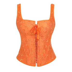 Women's orange floral jacquard corset top featuring front lace-up and supportive boning details.