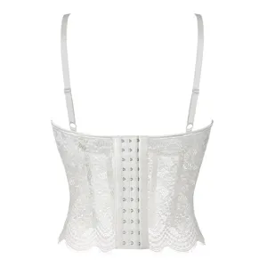 Bustier moldeable de encaje blanco para mujer con tirantes ajustables y cierre trasero.
