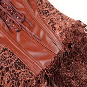 Brown PU leather and lace corset detail shot, showing intricate floral lace trim and front lacing.