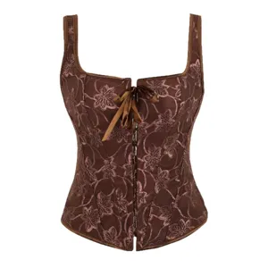 Elegant brown floral jacquard corset top for women, vintage style structured bustier bodice.