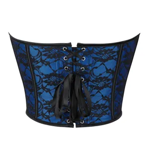 Haut de corset bustier en dentelle bleu foncé avec rubans noirs et baleines sexy.