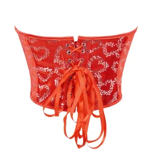 Rode pailletten strapless corset top voor dames, vetersluiting achterzijde feestelijk bustier.