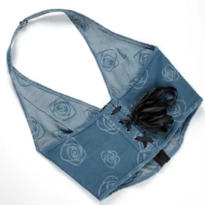 Vintage blaues Jeans Print Halfter Korsett Top mit schwarzem Schnürung Design für Frauen.