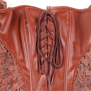 Brown faux leather corset detail shot featuring front lace-up closure and side floral lace.