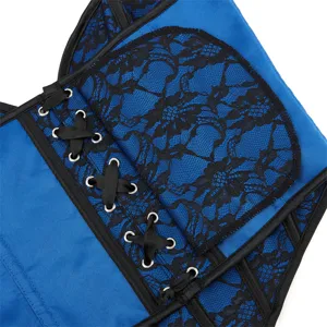 Top corset en dentelle bleu et noir avec laçage, bustier sexy pour vêtements de femmes.