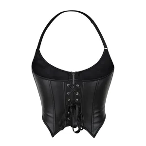 Women black faux leather halter corset top sexy front zipper slim shapewear main view.