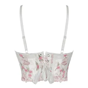 Weißes Netz besticktes Korsett Top Sommer sexy floral Bustier mit Trägern und Rückenschnürung Design