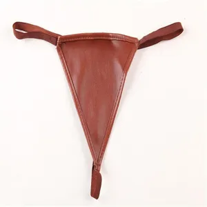 Detailed close-up view of minimal brown faux leather thong with elastic strap design.