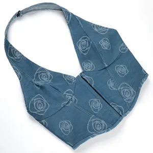 Retro blaue Denim bedruckte Korsett-Top, Halfter tief ausgeschnittene Formtop Damen.