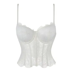 Top corsé de encaje blanco mesh acolchado, elegante bustier moldeador para mujer.