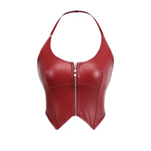 Red PU Leather Halter Crop Top Front Zipper Corset Sexy Body Shaper Women's Clothing