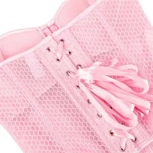 Rosa Mesh Korsett Top mit integrierten Cups und stylischer Schnürung für den Sommer.